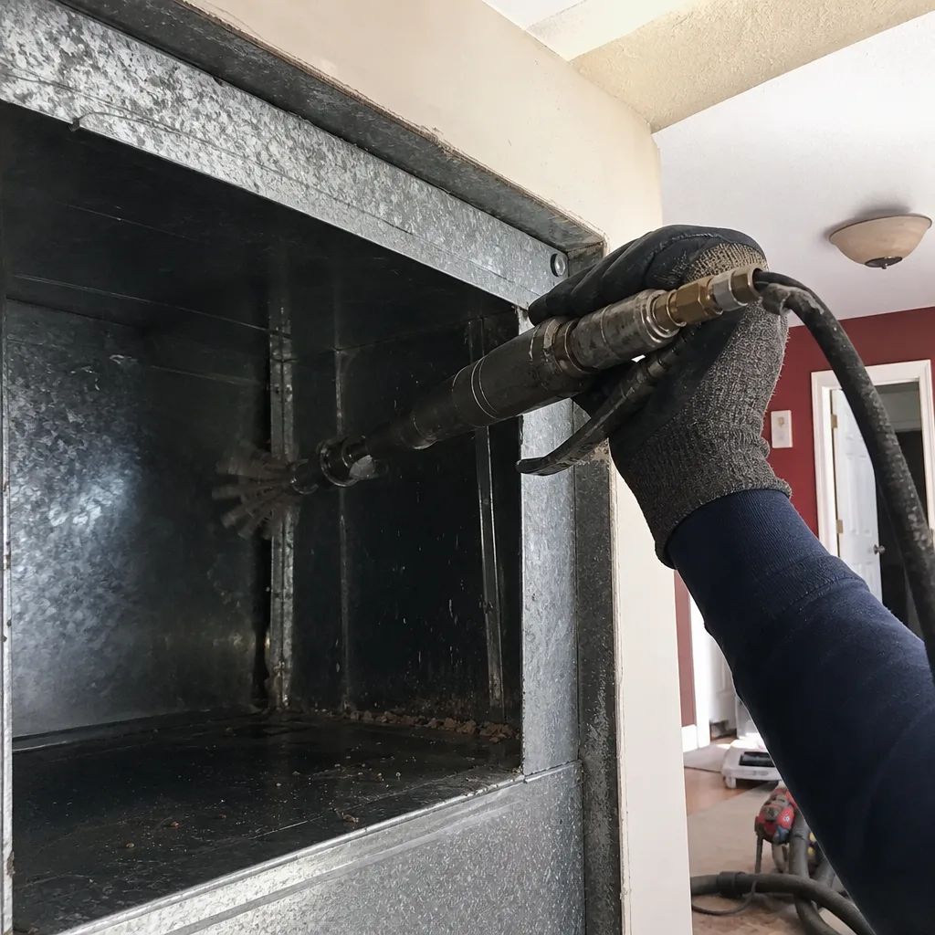 Professional air duct cleaning service with rotary brush tool