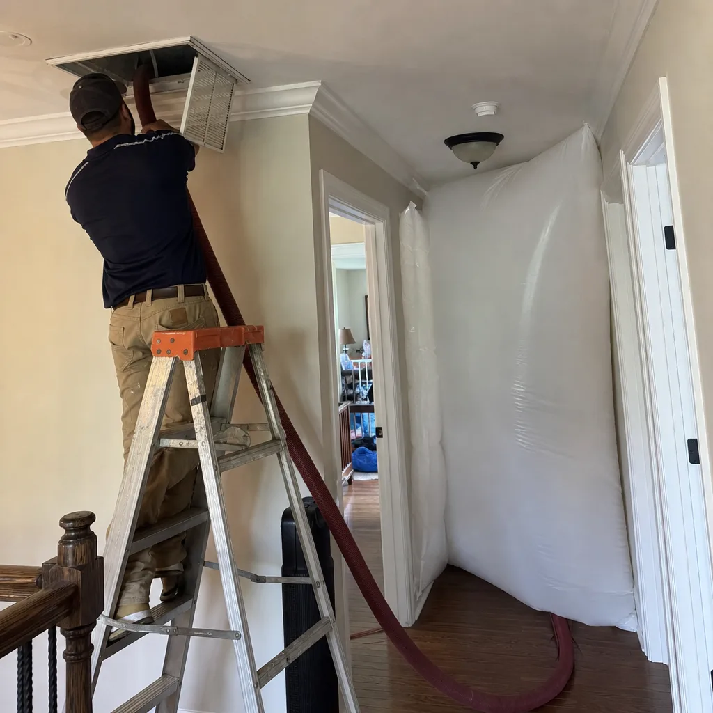 Technician performing professional air duct cleaning service in a residential home