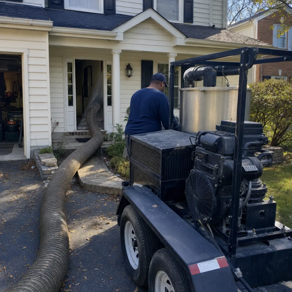 Technician performing professional air duct cleaning with vacuum truck