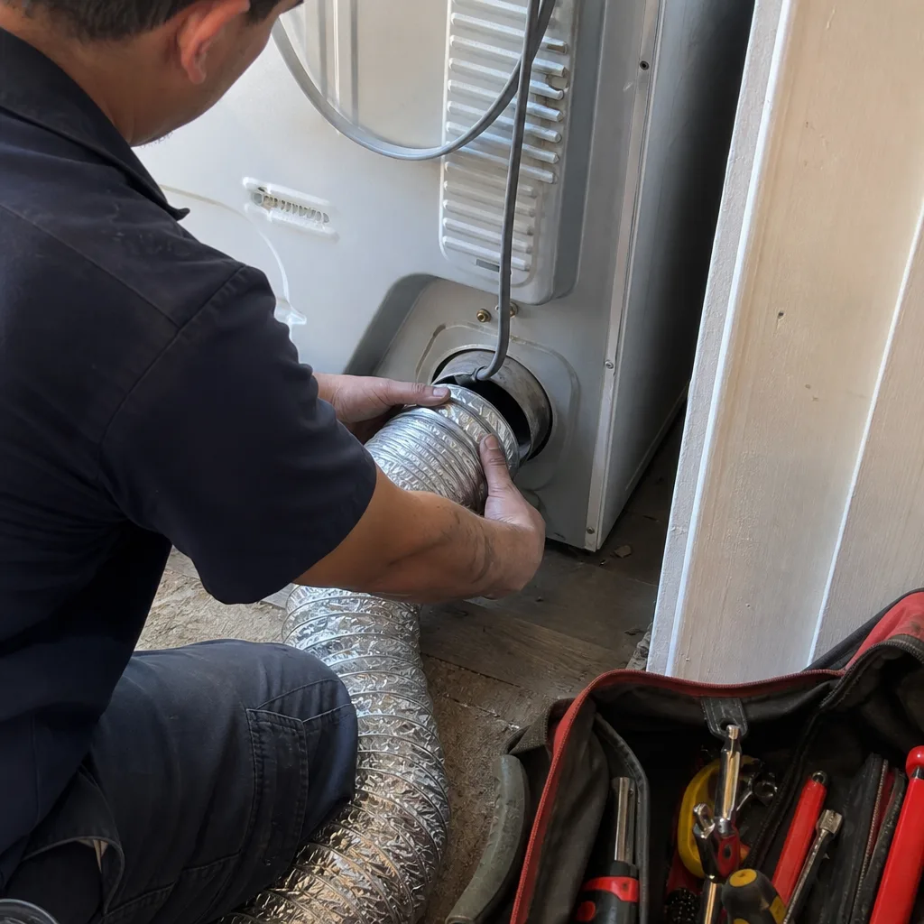 Technician connecting a flexible aluminum dryer vent hose to a dryer