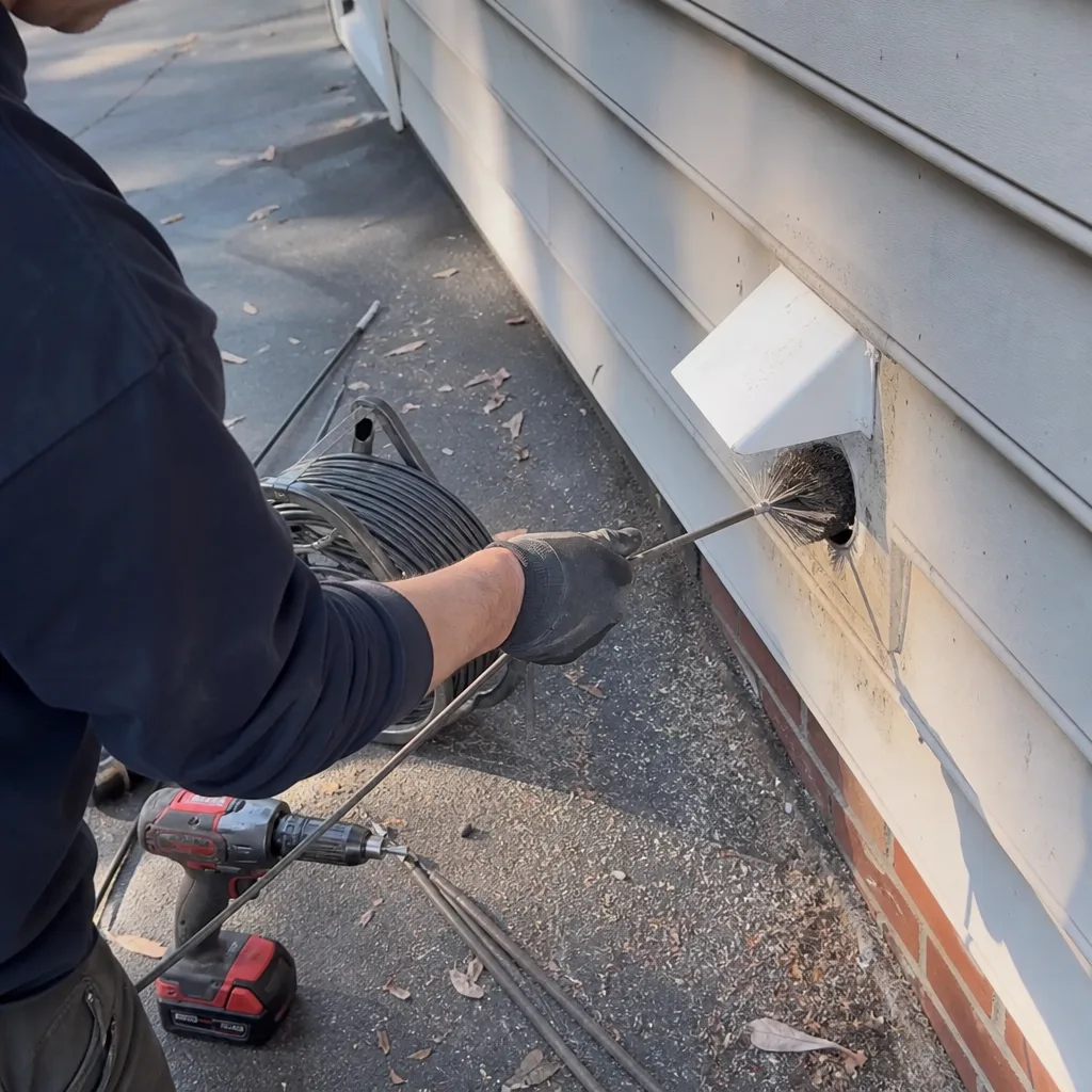 Technician using a rotating brush to perform professional dryer vent cleaning